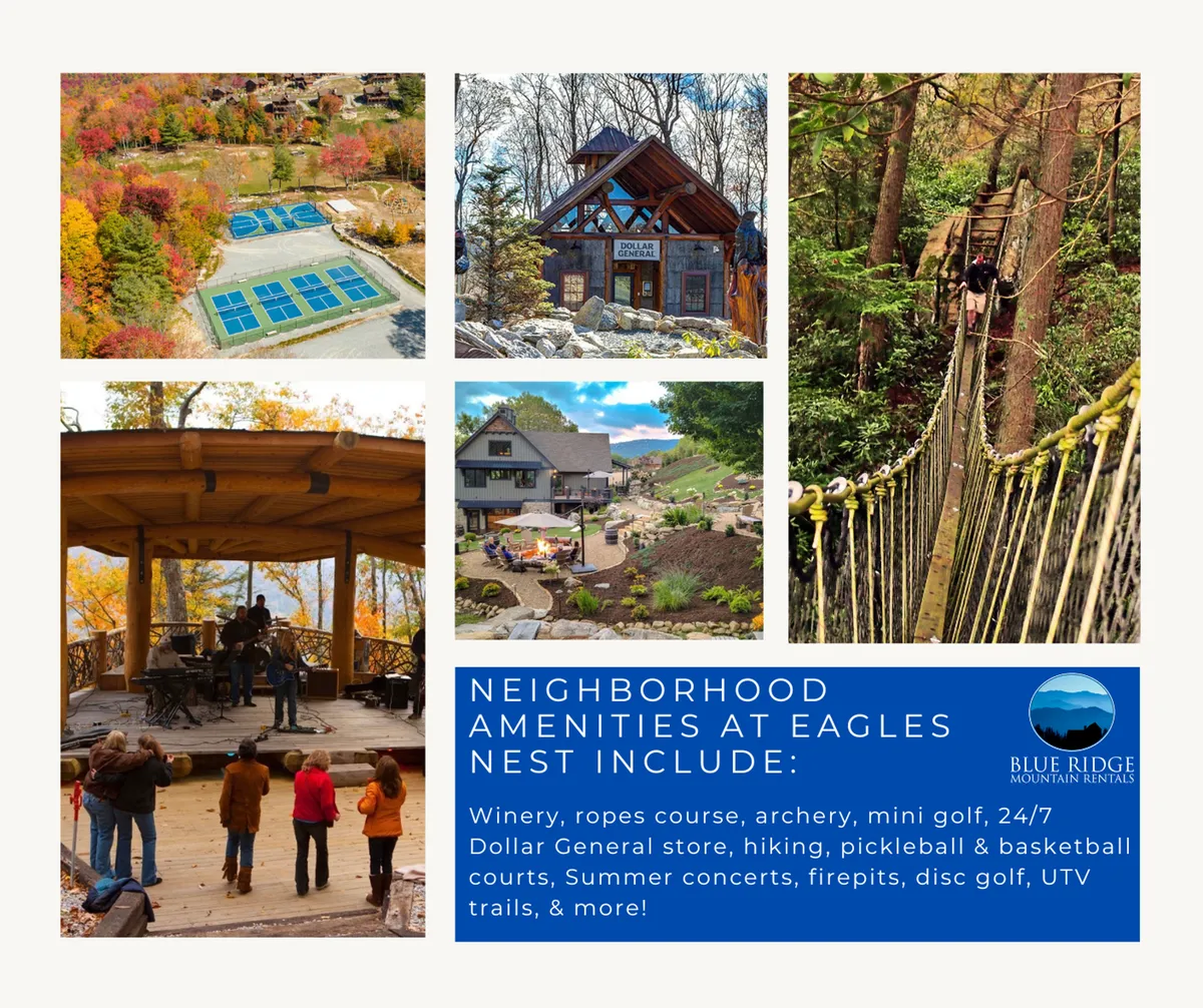 A vibrant exterior scene capturing a sprawling resort amenity area, including a swimming pool, outdoor concert stage, a building for wine tastings, a ropes adventure course, and nearby hiking trails. The image is lively and energetic, with people engaging in activities like hiking, mini golf, archery, and gathering by the fire pit. The mood is festive and adventurous, echoing the variety of amenities available at Eagles Nest.